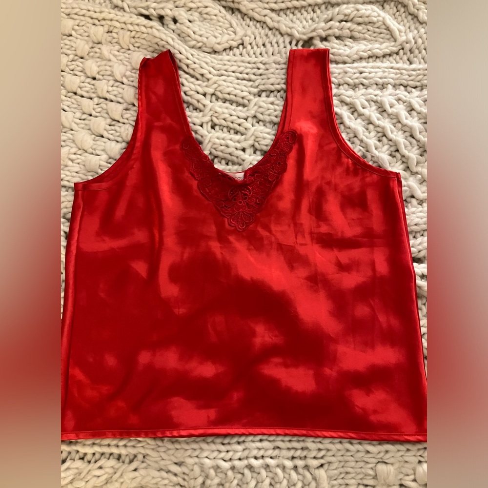 Red Satin Tank Top with Lace Detail